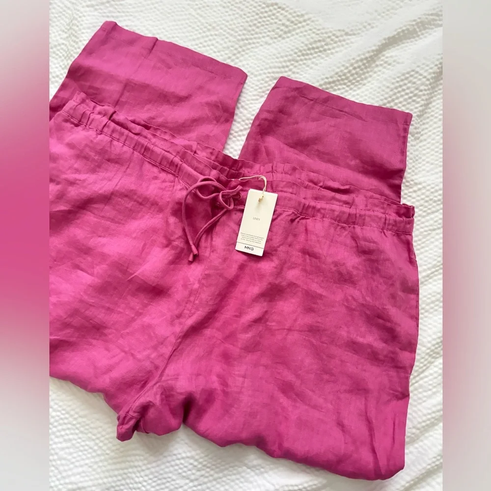 Mango Pink Linen Cropped Drawstring Pants